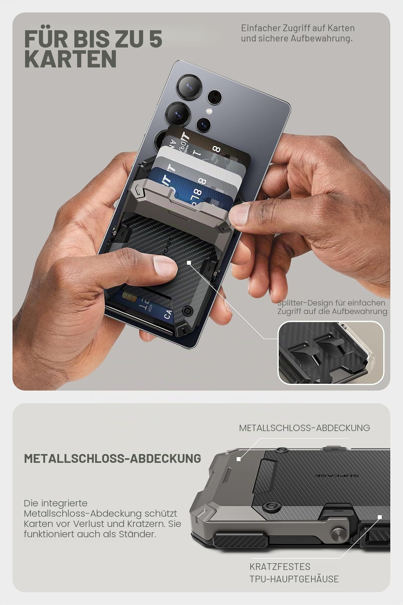 SUPCASE für MagSafe Wallet Magnetisch Geldbörse [5 Kartenhalter] [RFID-Blockierung] Verstellbar Handy Ständer Kartenfach für Samsung Galaxy S25/24/23, Pixel 10/10 Pro und iPhone 17/16/15/14 (Carbon) | [RFID-Blockierung] Verstellbar Handy Ständer Kartenfac