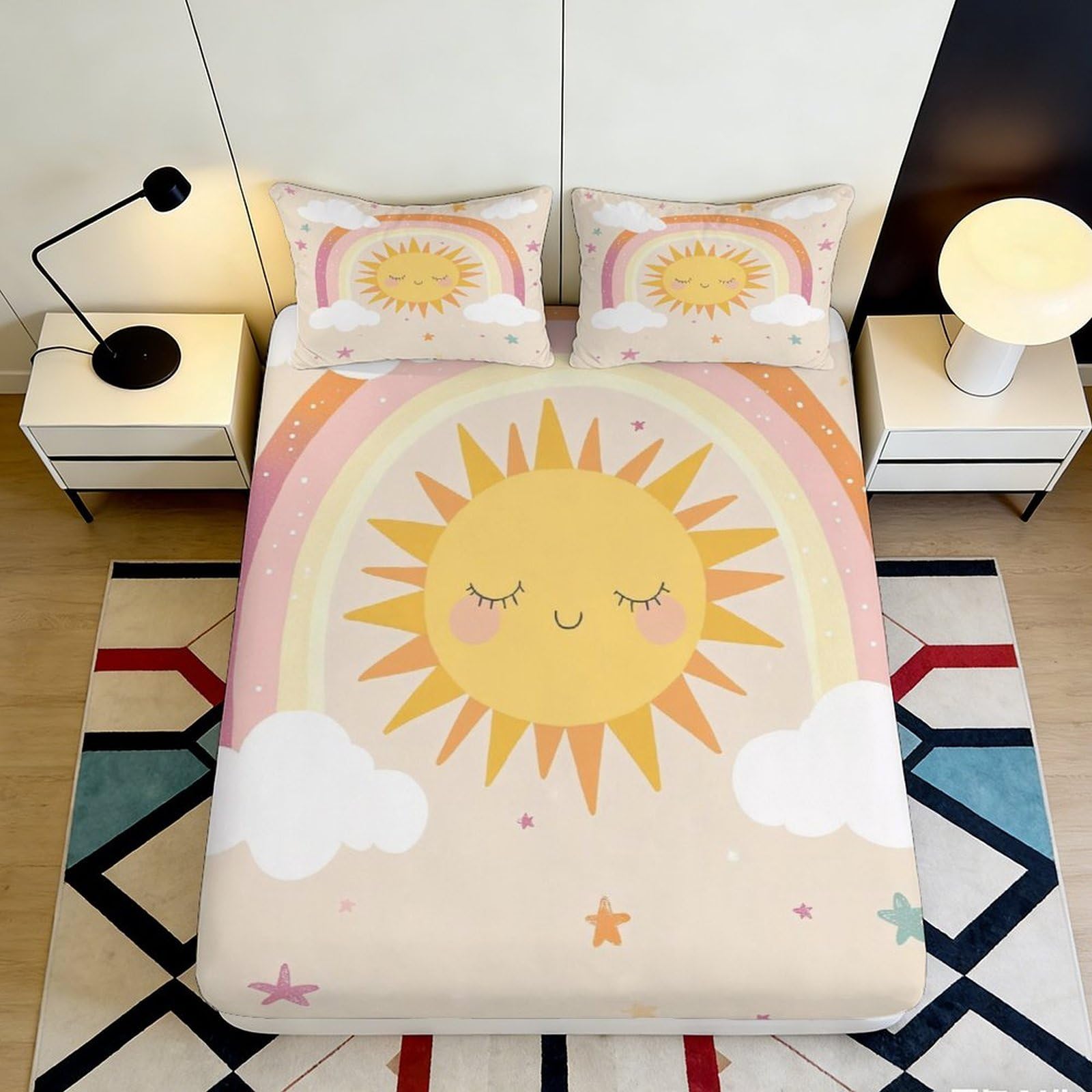 3D Printed Sun Rainbow Fitted Sheet Microfiber Soft Breathable Cloud Pattern Bed Sheet for Bedroom Dorm Decor 90x200x25cm