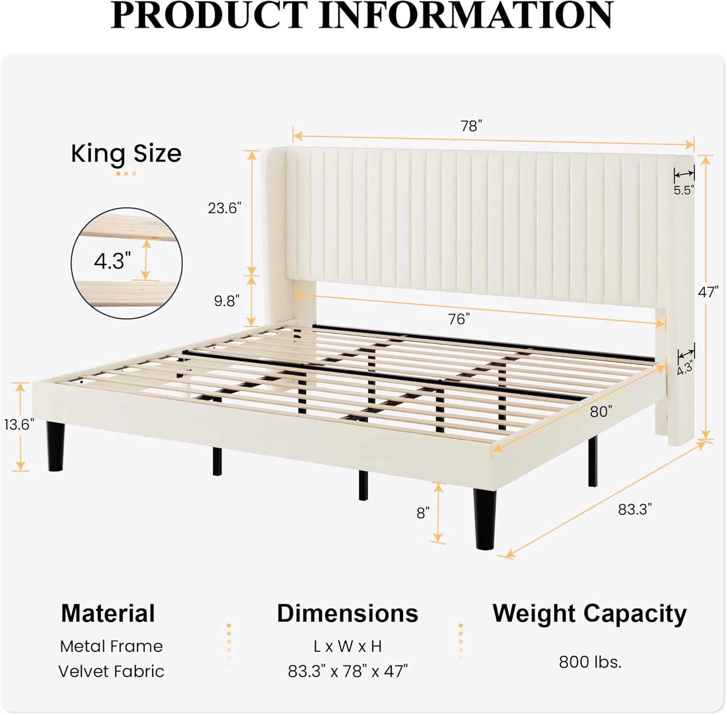 SHA CERLIN King Size Velvet Bed Frame with Vertical Channel Tufted Wingback Headboard, Upholstered Platform Bed with Wood Slats, No Box Spring Needed, Easy Assembly, Cream White