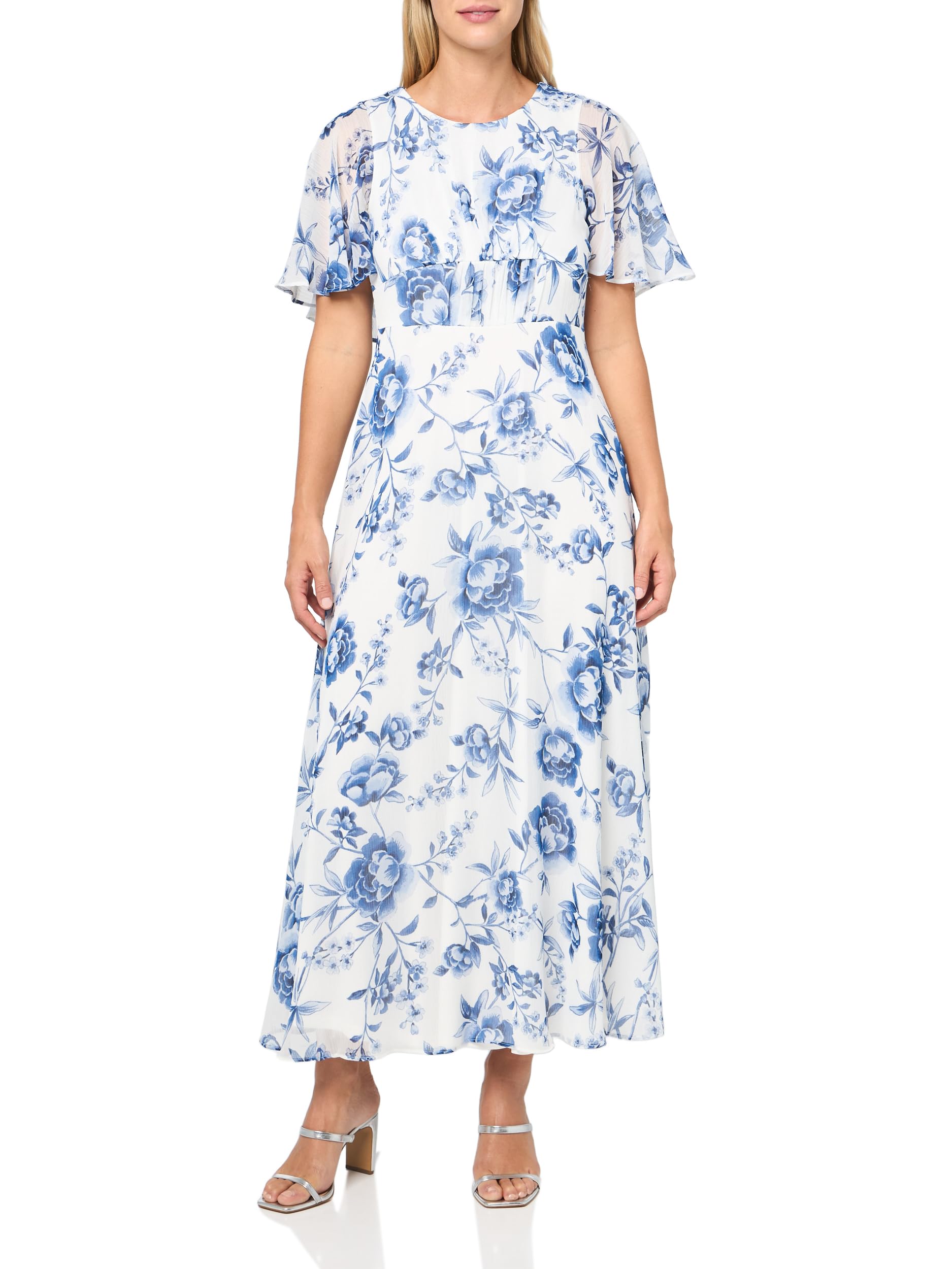 Women's Flutter Sleeve Round Neck Chiffon A-line Midi Dress