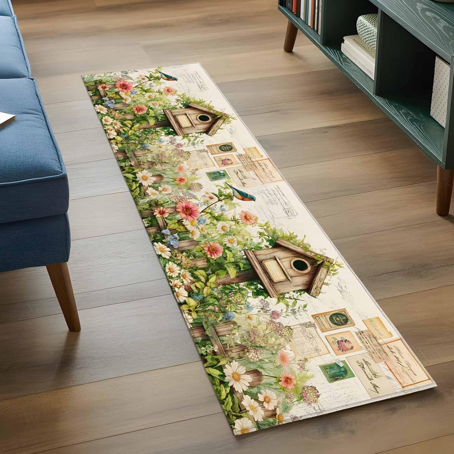 Spring Daisy Birds Area Rugs 2x6 for Kitchen Runner Rug, Farmhouse Garden Flowers Non Slip Washable Rug Runner, Country Vintage Low Pile Indoor Floor Carpet Mat Bathroom Rugs for Bedroom, Kids Room