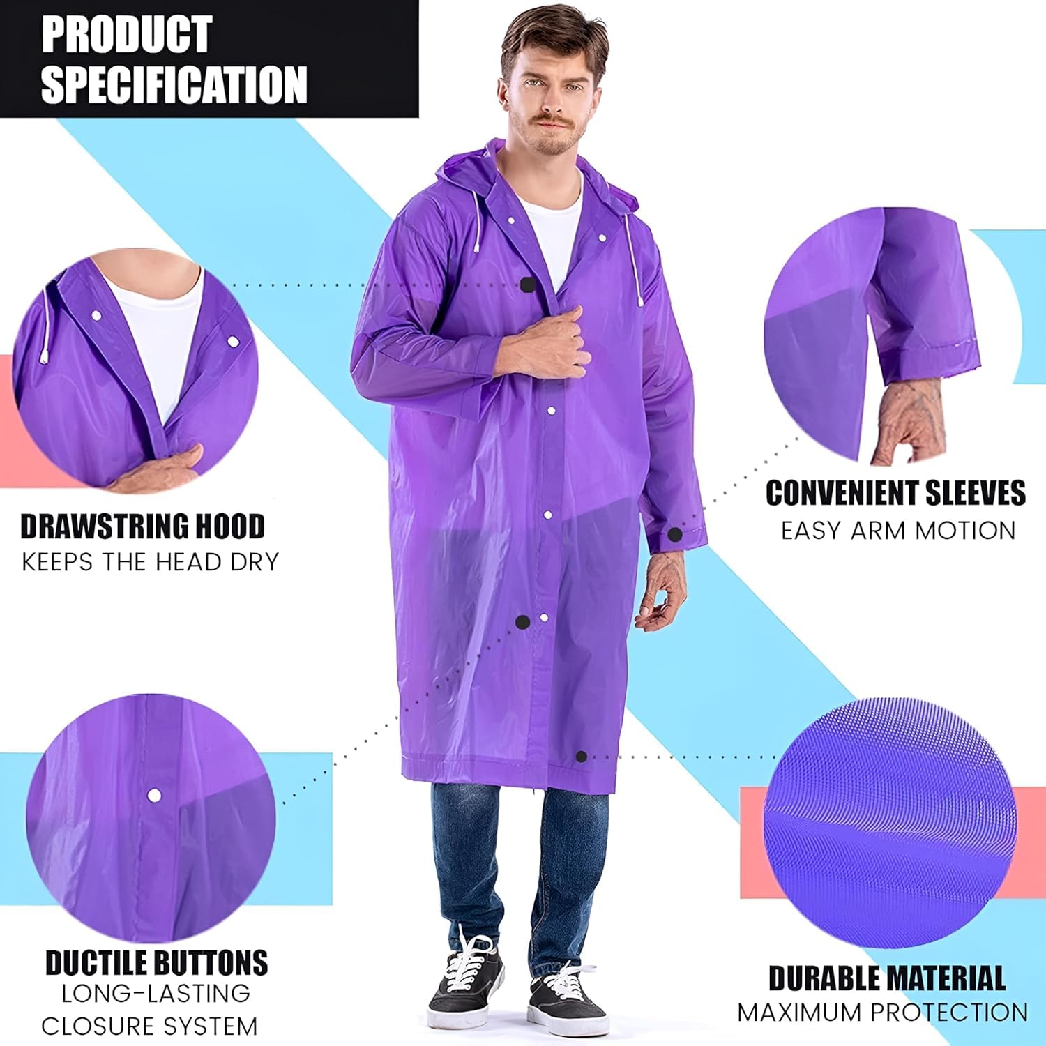 Allextreme EVA Waterproof Unisex Rain Coat Hooded Full Sleeves Outdoor Men, Women, Boys & Girls Rainwear Poncho Raincoat for Camping, Hiking & Travelling (Universal Size,1 Pc Purple) - Image 3 thumbnail
