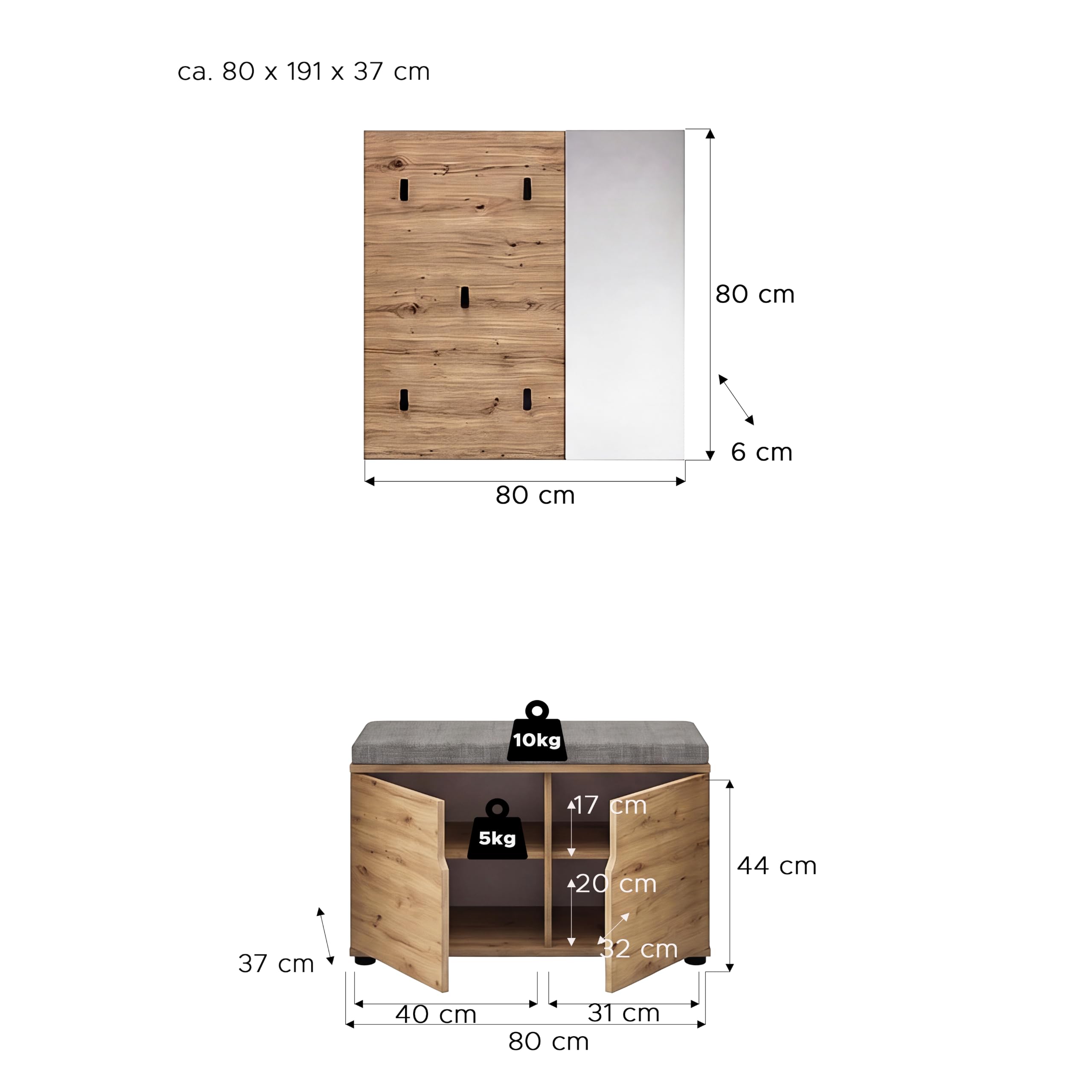 xonox.home - Keno Artisan - Armadio combinato da 2 pezzi, rovere melammina | Composto da pannello appendiabiti, panca con cuscino per cuscini, molto spazio per il corridoio ordinato