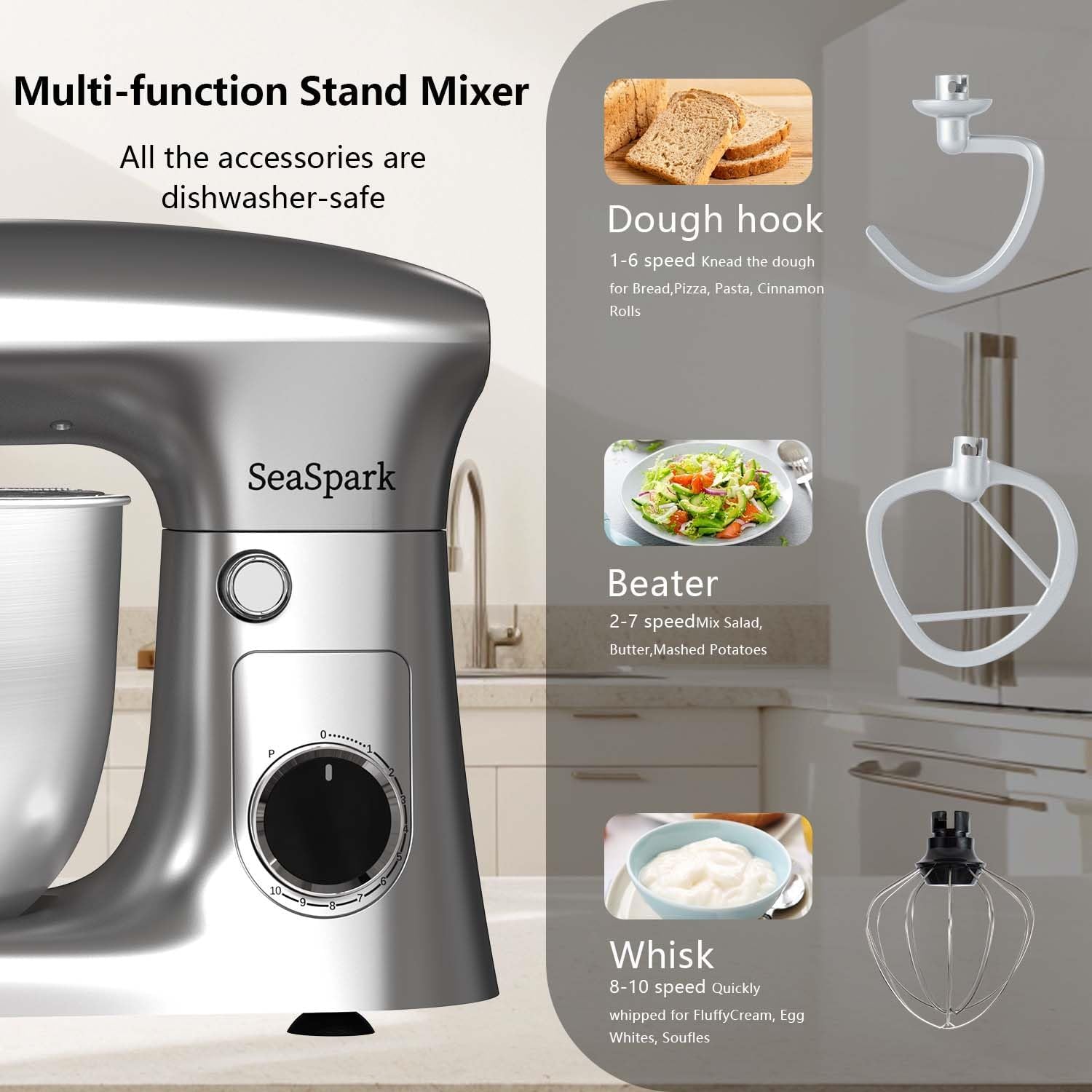 Stand Mixer, 3 in 1 Stand Mixer, 5.5Qt Electric Mixer, Mixer with Stainless Dough Hook, Wire Whip & Beater, Food Mixer for Baking, Cake and Most Home Cooks, Silver