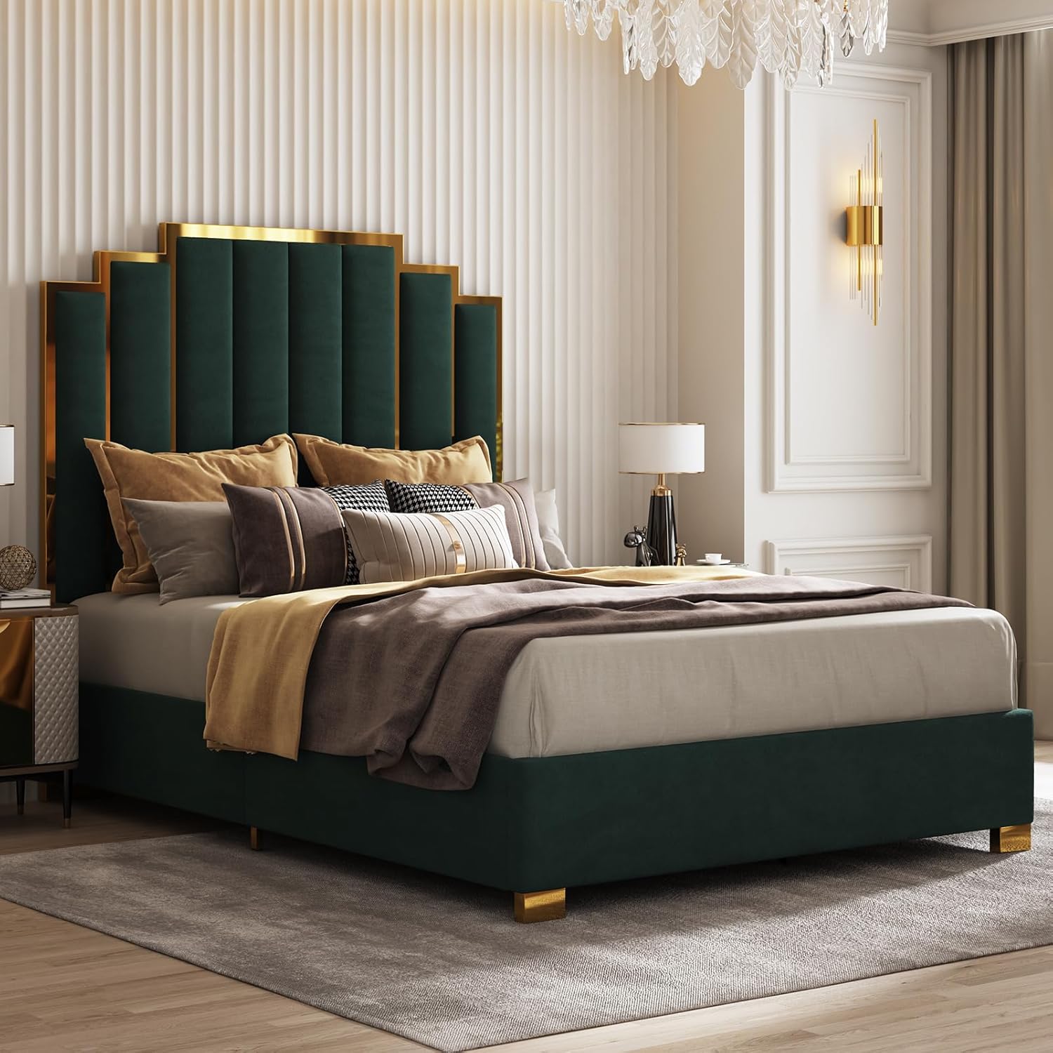 AMERLIFE Queen Size Upholstered Bed, Modern Velvet Bed Frame with 61.4” Tall Gold Trim Headboard, No Box Spring Needed, Green