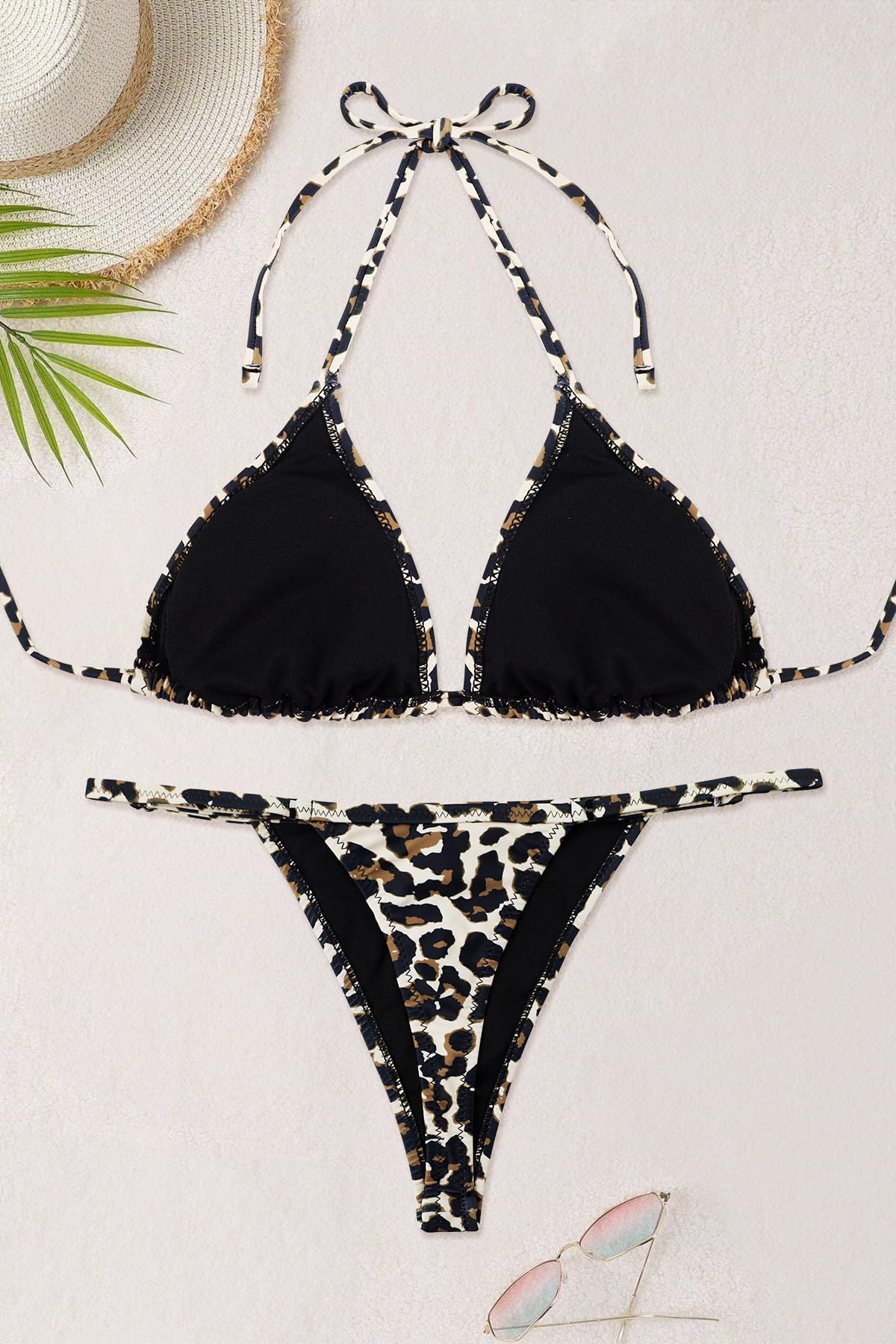SHEKINI Bikini sexy dos nu pour femme avec string brésilien et string, Imprimé léopard, Taille XL