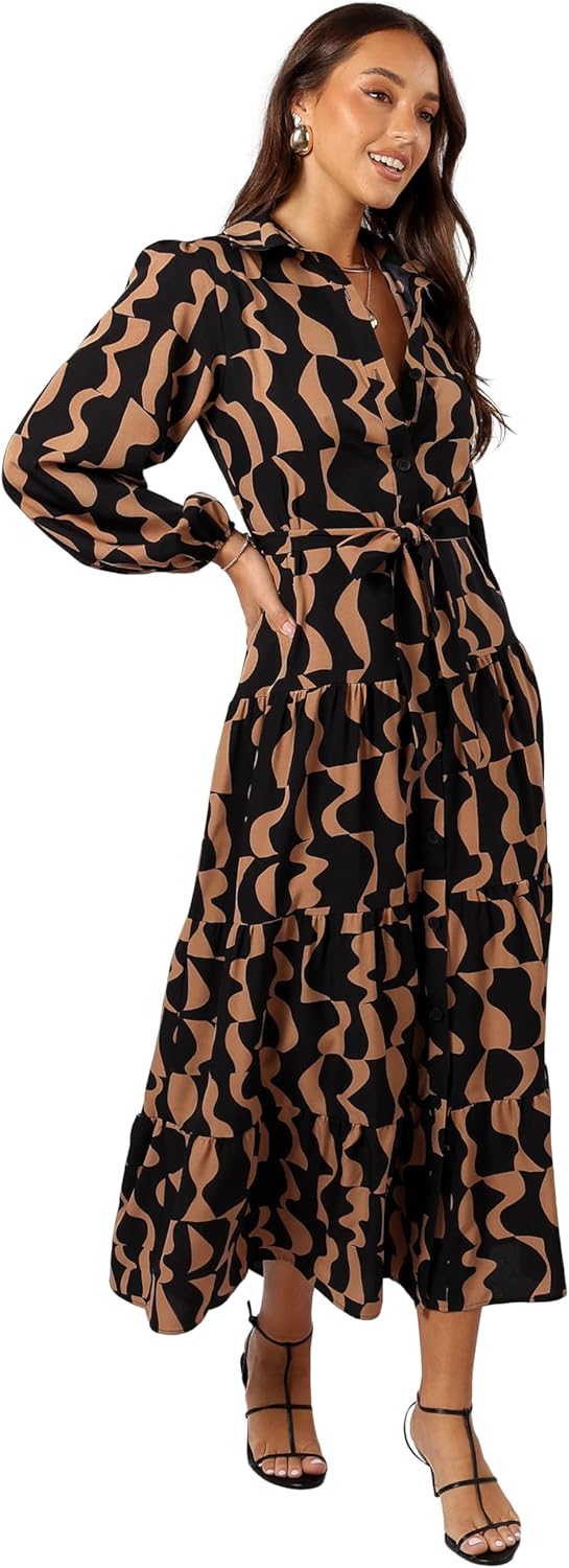 Petal & Pup Womens Lincoln Long Sleeve Maxi Dress - Black/Beige - Image 2