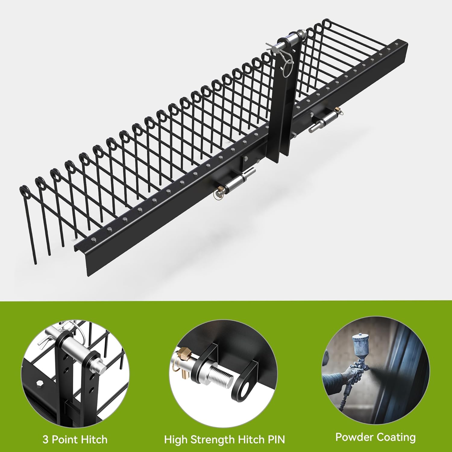 AUTOSAVER88 Heavy Duty Pine Straw Rake for 3 Point Hitch,Landscape Tractor Rake Attachments for Cat1,72,Black