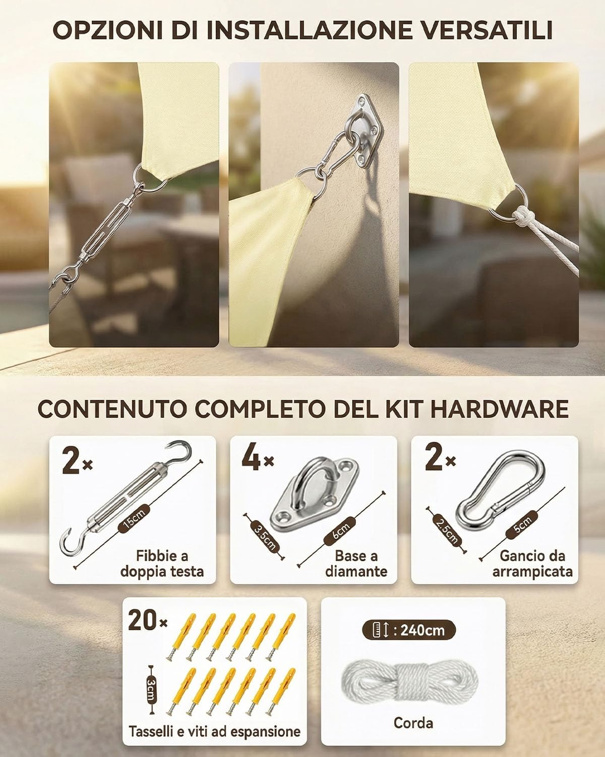 Vela d’Ombra Rettangolare 3x4m con Accessori di Montaggio, HDPE Impermeabile e Antivento, Protezione UV, Antistrappo, Traspirante, Per Balcone, Giardino e Terrazza, Beige