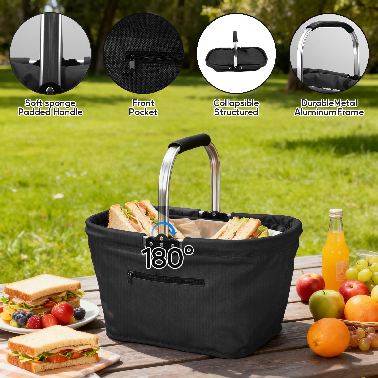 Cestino per Picnic Pieghevole 25L,Cestino Per la Termico per Alimenti Freddi con Coperchio,Frigo portatile per scatola da picnic in tessuto Oxford,Borsa termica per Shopping, Spiaggia, Escursioni