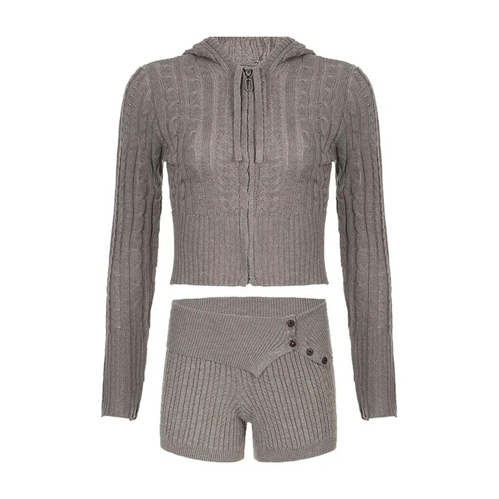 Y2K Cardigan Grigio Moda da Donna con Bottoni e Cerniera, Maglione Corto a ma Lunghe, Maglieria, Pantaloncini, Set di Pantaloni Invernali BS