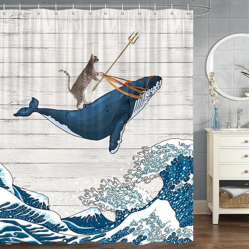 MERCHR Funny Cat Shower Curtain, Fun Japanese Cute Animal Riding Whale Ocean Sea Wave Kids Fish Hilarious Shower Curtains 72 x 78 Inch Polyester Fabric 12 Pack Hooks