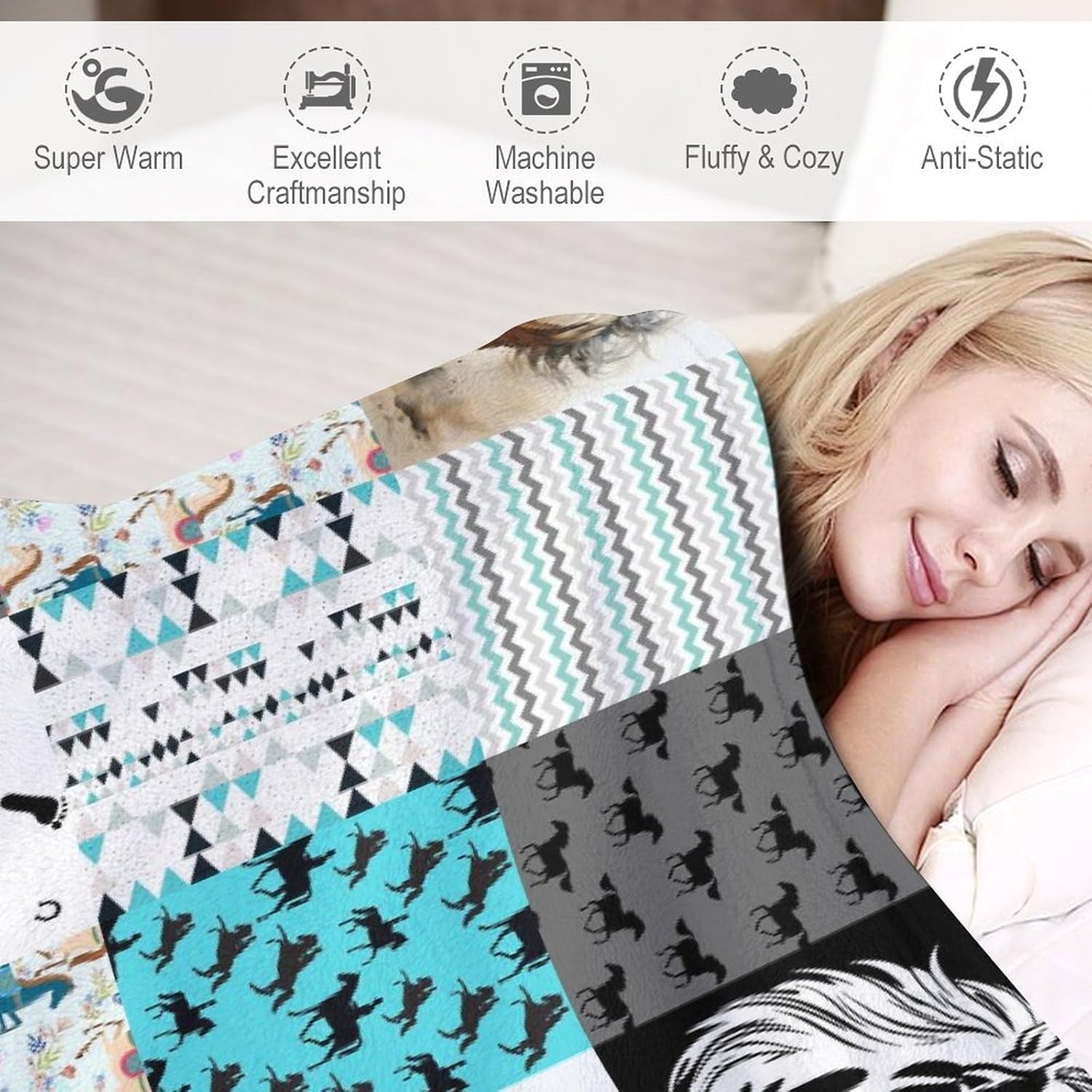 Boho Cute Horse Print Blanket,Rustic Western Cowboy Retro Aztec Arrow Zebra Stripe Patchwork Pattern Throw Blanket,for Sofa Bed Travel Camping 30x50in - Image 3