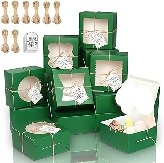 KPOSIYA 65PCS Bakery Boxes with Window 6x6x3 Inches 5 Style Cookie Boxes Small Pastry Boxes for Candy, Dessert, Pastry, Donuts, Birthday Party, Wedding(Green)