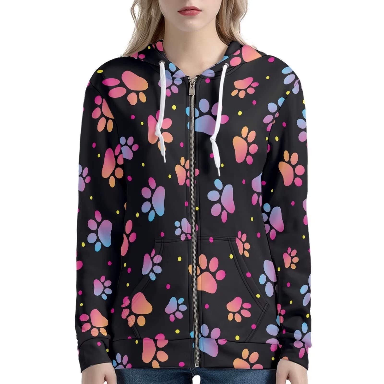 HUIACONG Bluza z kapturem zapinana na zamek błyskawiczny damska bluza z kapturem rozmiar XS-5XL nastolatki sweter, Kolorowa łapa psa 9, 3XL