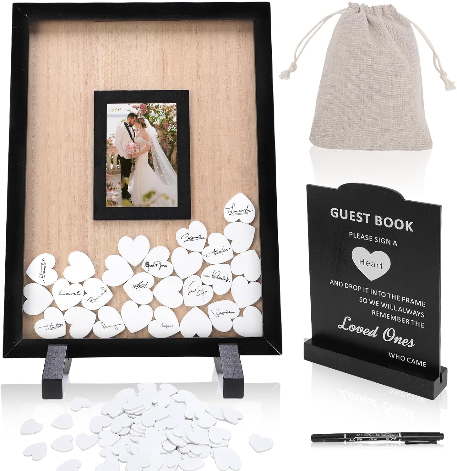 Gugxiom Wedding Guest Book Alternative, Wooden Picture Frame Guestbooks with 90+ Hearts, Guest Book Alternative for Wedding Baby Shower Anniversary Birthday Party (Black)