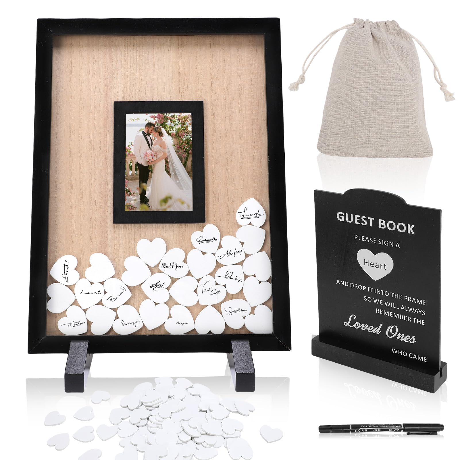 Wedding Guest Book Alternative, Wooden Picture Frame Guestbooks,with 90+ Wooden Hearts, Guest Book Alternative for Birthday Wedding Baby Shower Anniversary Party