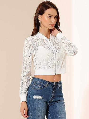 Miniatura 3 de Allegra K - Chaqueta corta de mujer con cuello levantado, cremallera, sexy, transparente, de encaje gótico, ligera, estilo béisbol