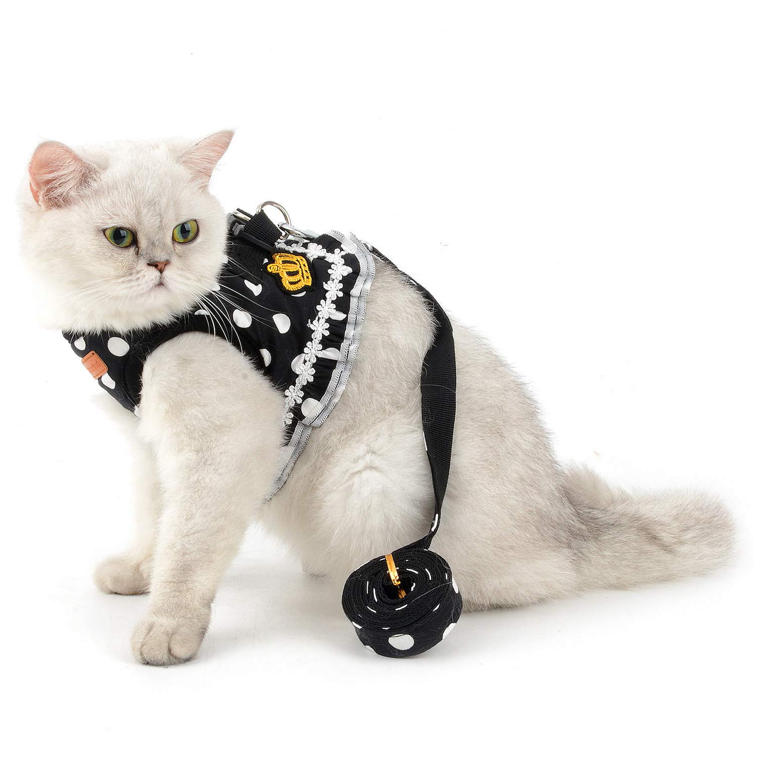 SMALLLEE_LUCKY_STORESMALLLEE_LUCKY_STORE Polka Dot Crown Ruffle Cat Harness and Lead Set Escape Proof Adjustable No Pull Walking Princess Dress with D-Ring Girl Small Puppies Kitten Rabbit Dog Haness Vest,Black L
