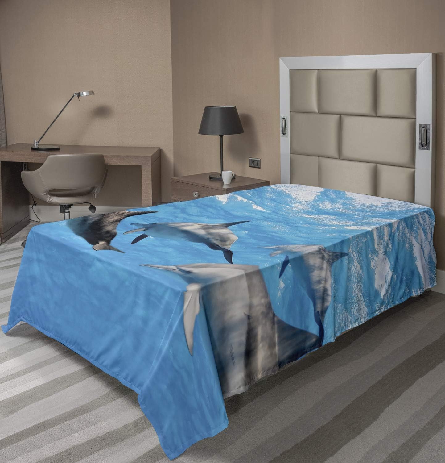 Ambesonne Dolphin Flat Sheet, Underwater Photography of Dolphins Happily Swimming Ocean Animal Life Image Print, Soft Comfortable Top Sheet Decorative Bedding 1 Piece, Twin Size, Blue Grey