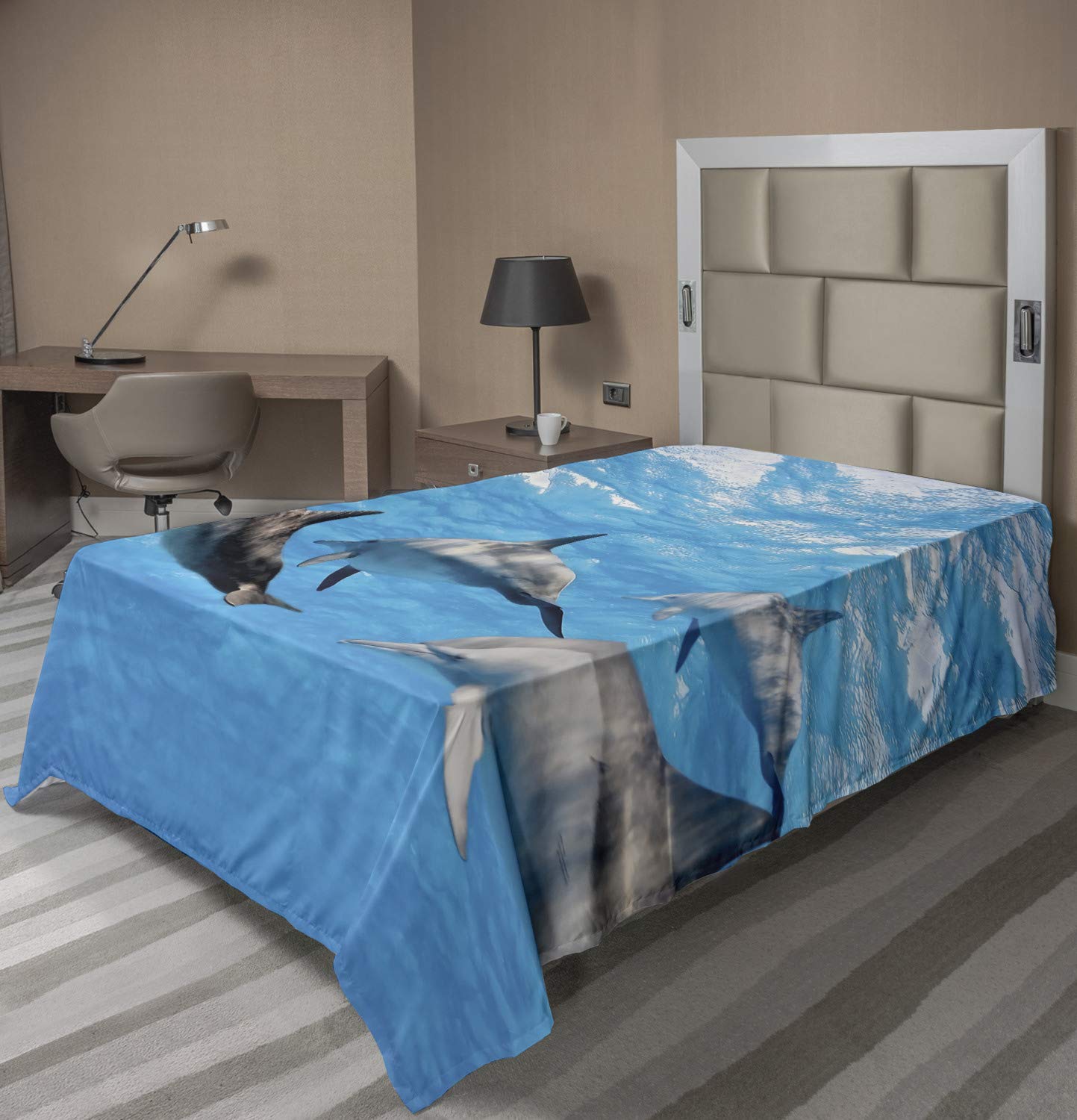 Ambesonne Dolphin Flat Sheet, Underwater Photography of Dolphins Happily Swimming Ocean Animal Life Image Print, Soft Comfortable Top Sheet Decorative Bedding 1 Piece, Twin Size, Blue Grey