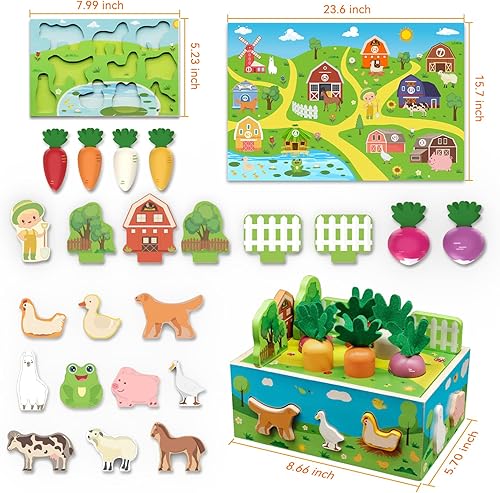 Miniatura 2 de BESFAN Montessori - Juguetes de madera, 25 piezas de juguetes de aprendizaje para niños pequeños con 10 animales de granja, tapete de juego de