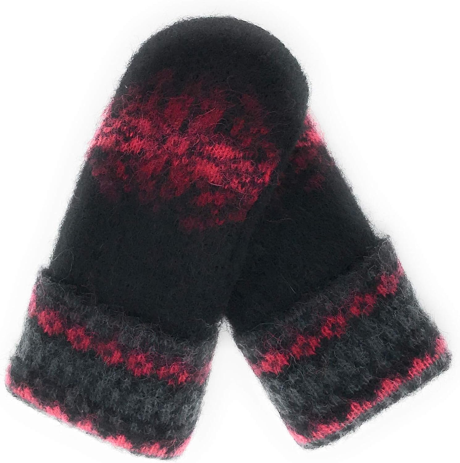 Warm Women Knit Mittens 100% Icelandic Wool Fleece Lined Fire Red and Black