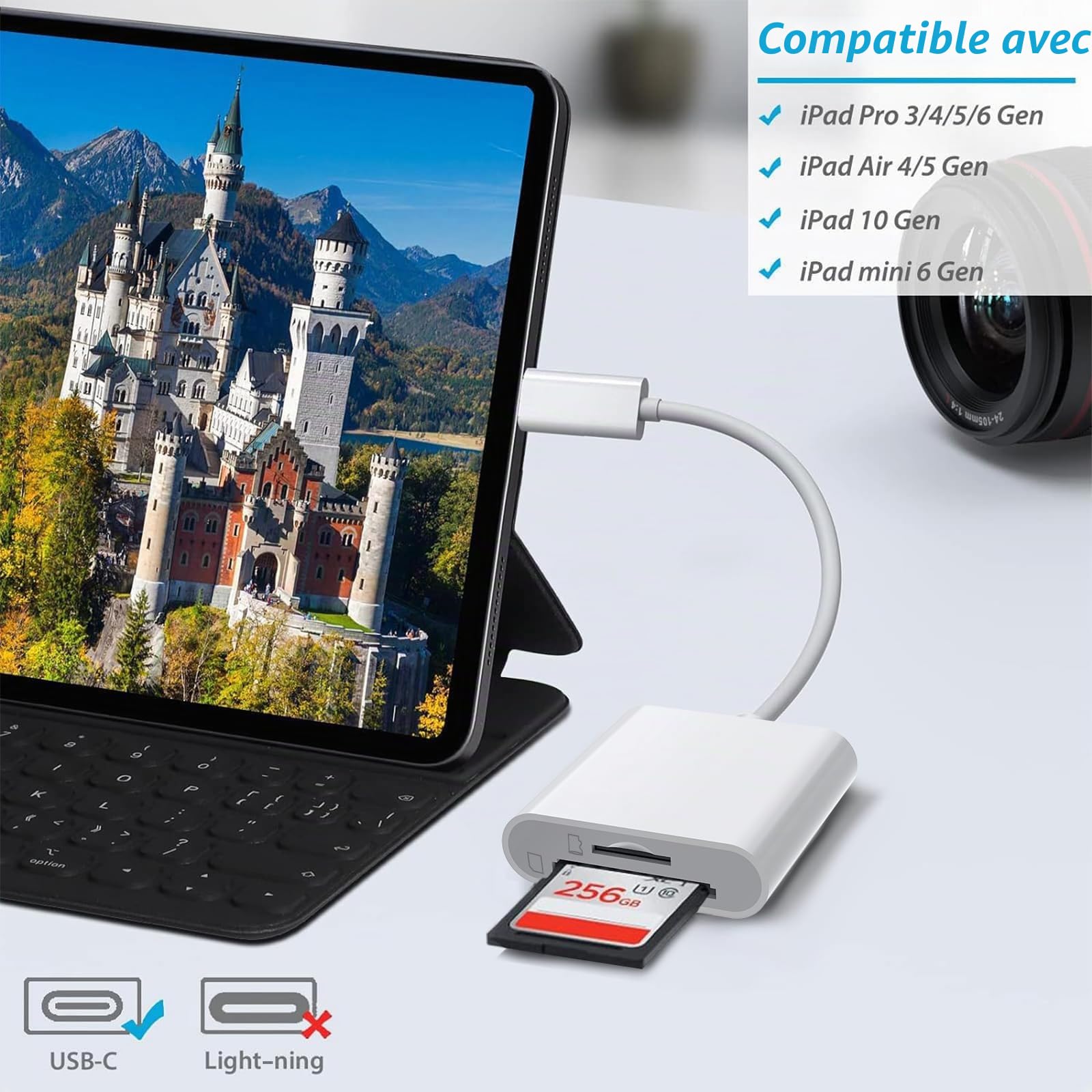 Lecteur Carte SD USB C, Adaptateur SD/TF pour iPhone 16 15 Pro Max, MacBook, iPad, Samsung Galaxy S24 S23