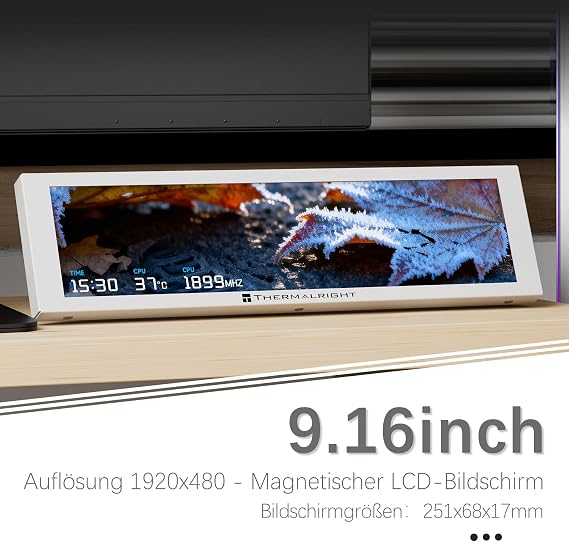 TR-Thermalright Trofeo Vision 9.16 Inch White IPS LCD Display 9.16 Inch 1920 × 480 Resolution - Can Be Mounted on Case or CPU Cooler, Dynamic Images/Videos DIY White