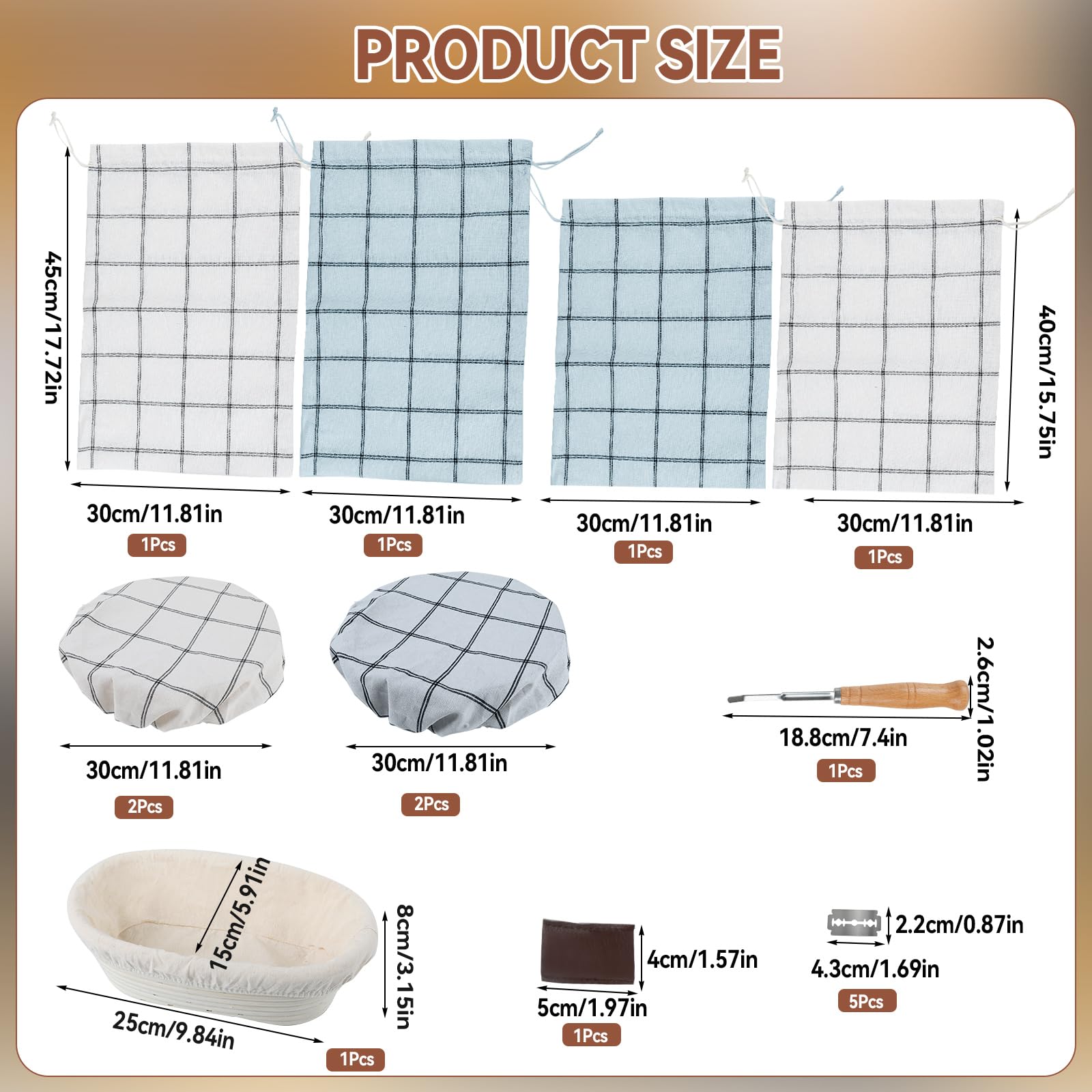 Set completo di cestini per lievitazione del pane, kit completo con 4 sacchetti per il pane, 4 coperchi per ciotole, 1 lama per segnare e accessori, lavabile e riutilizzabile per gli appassionati di