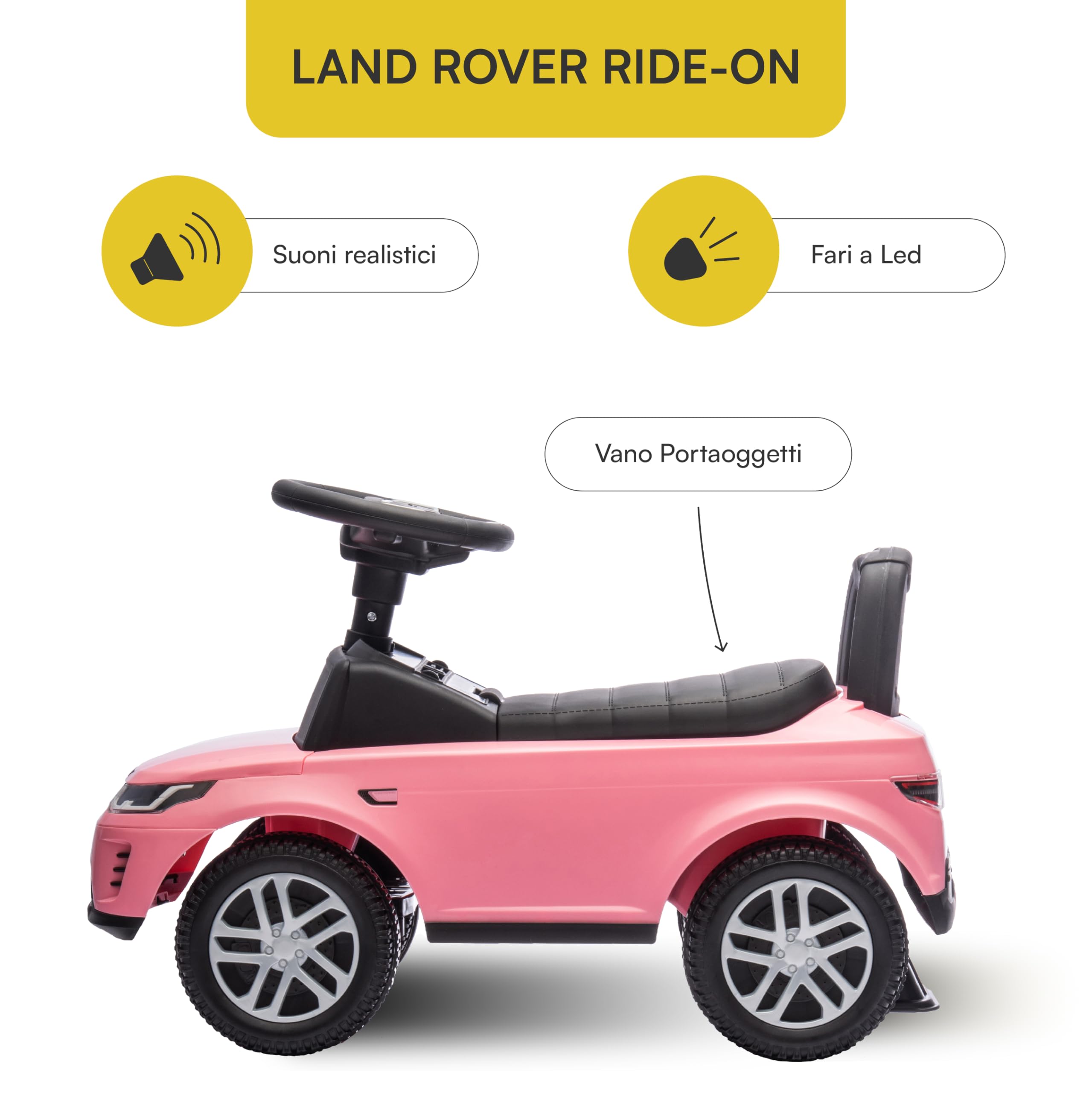 Baroni Toys Land Rover Ride-On, Macchinina Spingi e Vai per Bambini 1-4 Anni, Fari LED, Suoni Realistici, Ruote Antiscivolo, Vano Portaoggetti, Antiribaltamento 65.5x28x39 cm Rosa