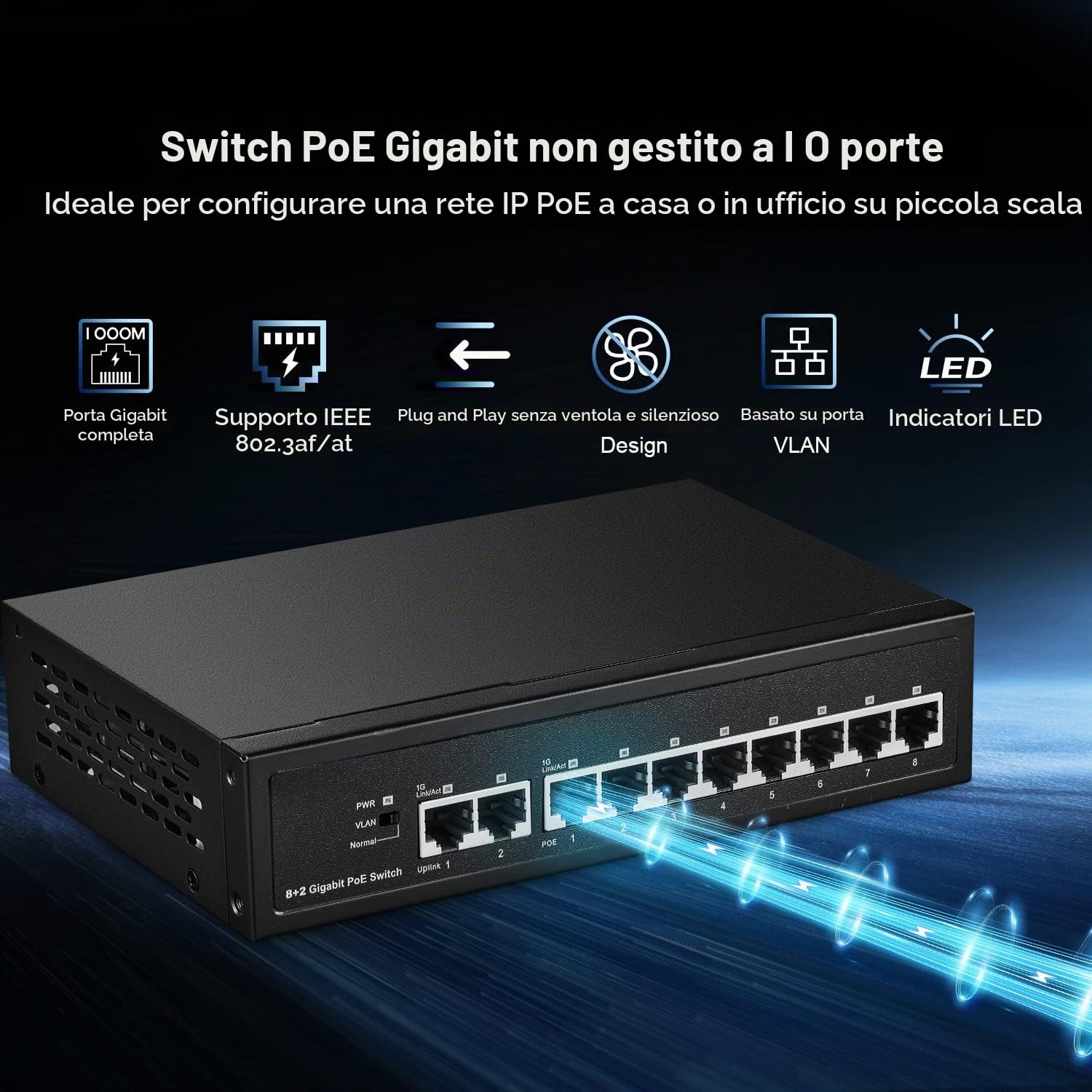 Binardat 10 porte Gigabit POE Switch, 8 porte POE+ 1000Mbps, 2 Gigabit Uplink, IEEE802.3af/at, alimentazione interna 120W, custodia metallica Plug and Play non gestita