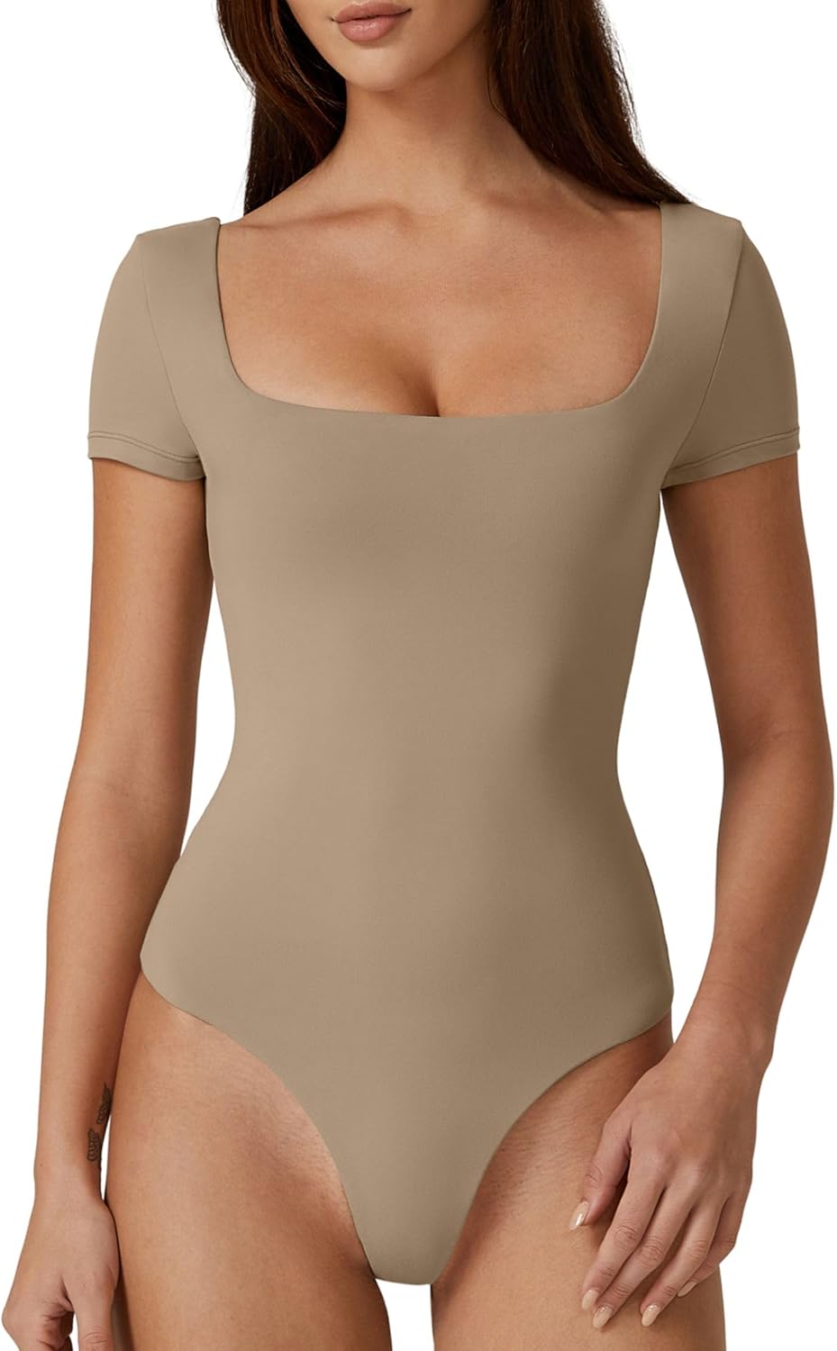 QINSEN Women's Square Neck Short Sleeve Double-Layer Bodysuit Fashion T-Shirt Tops