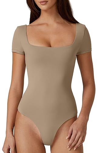 QINSEN Women's Square Neck Short Sleeve Double-Layer Bodysuit Fashion T-Shirt