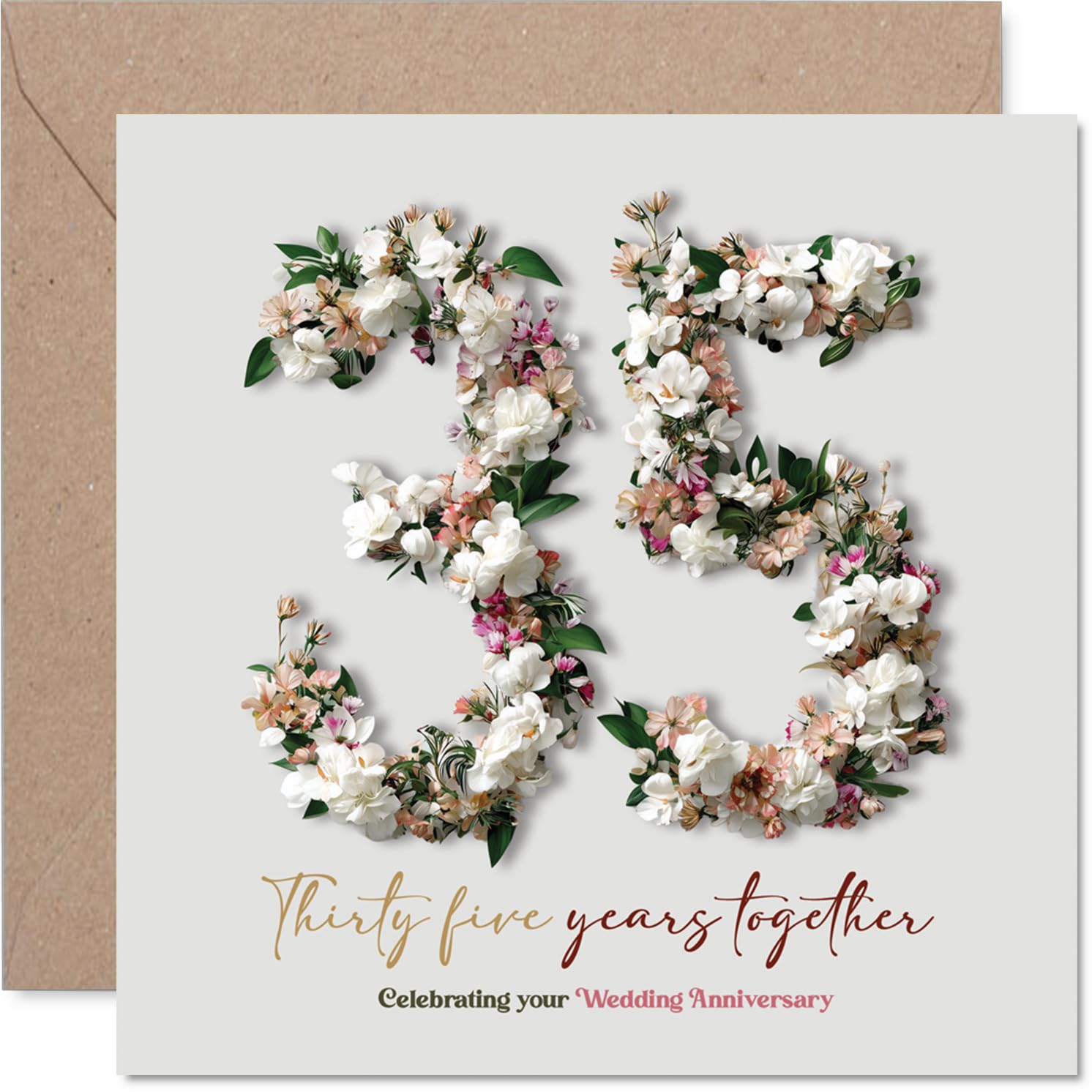 Heartfelt 35th Anniversary Card - Celebrating Thirty Five Years - Elegant Floral '35' Design in Soft Pink and Green - 145mm Square, Envelope Included
