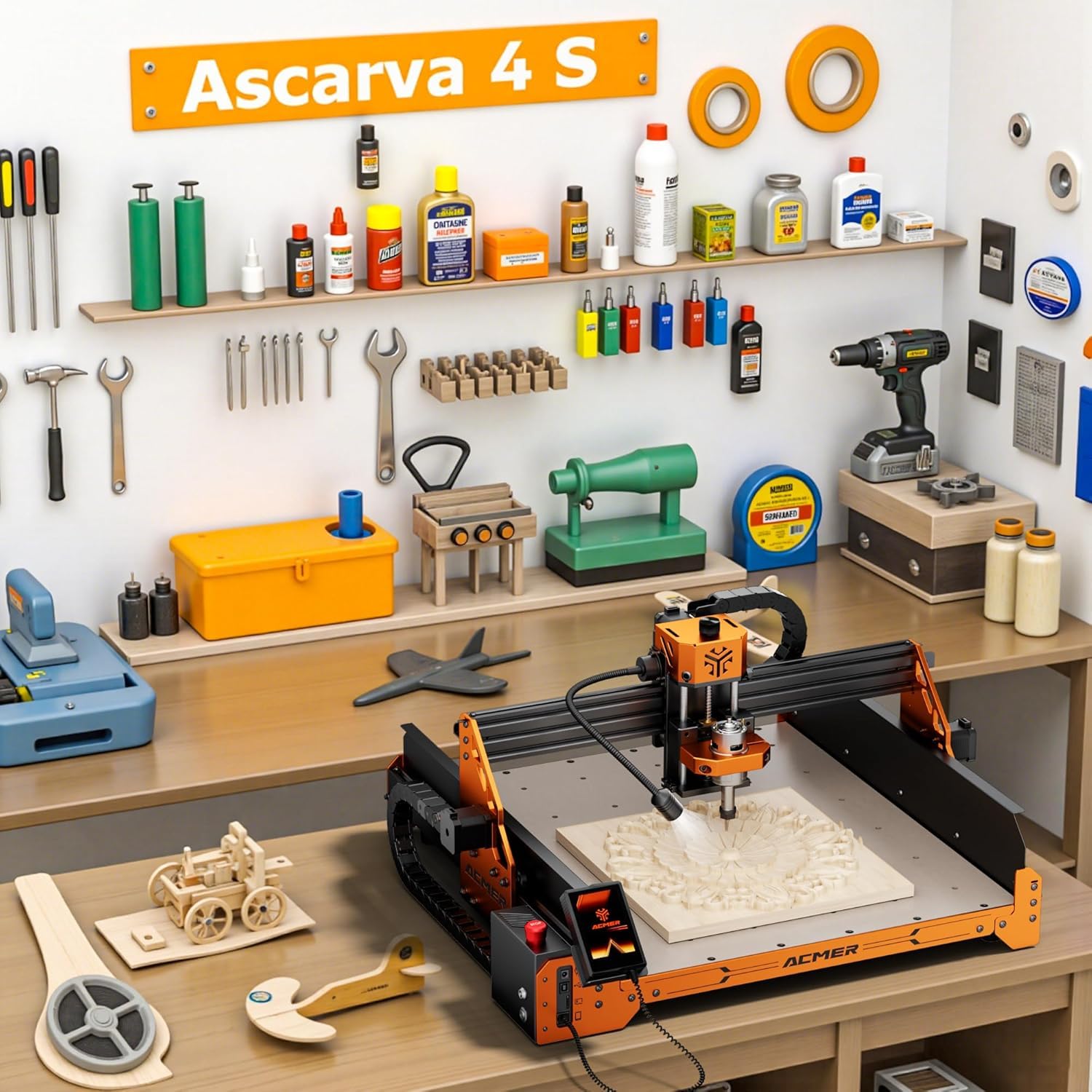 ACMER Ascarva 4S frezarka CNC, frezarka do drewna CNC o mocy wrzeciona 70 W i całkowitej mocy 120 W, blat roboczy 400 x 400 cm, nadaje się do grawerowania i cięcia drewna, plastiku, akrylu, MDF