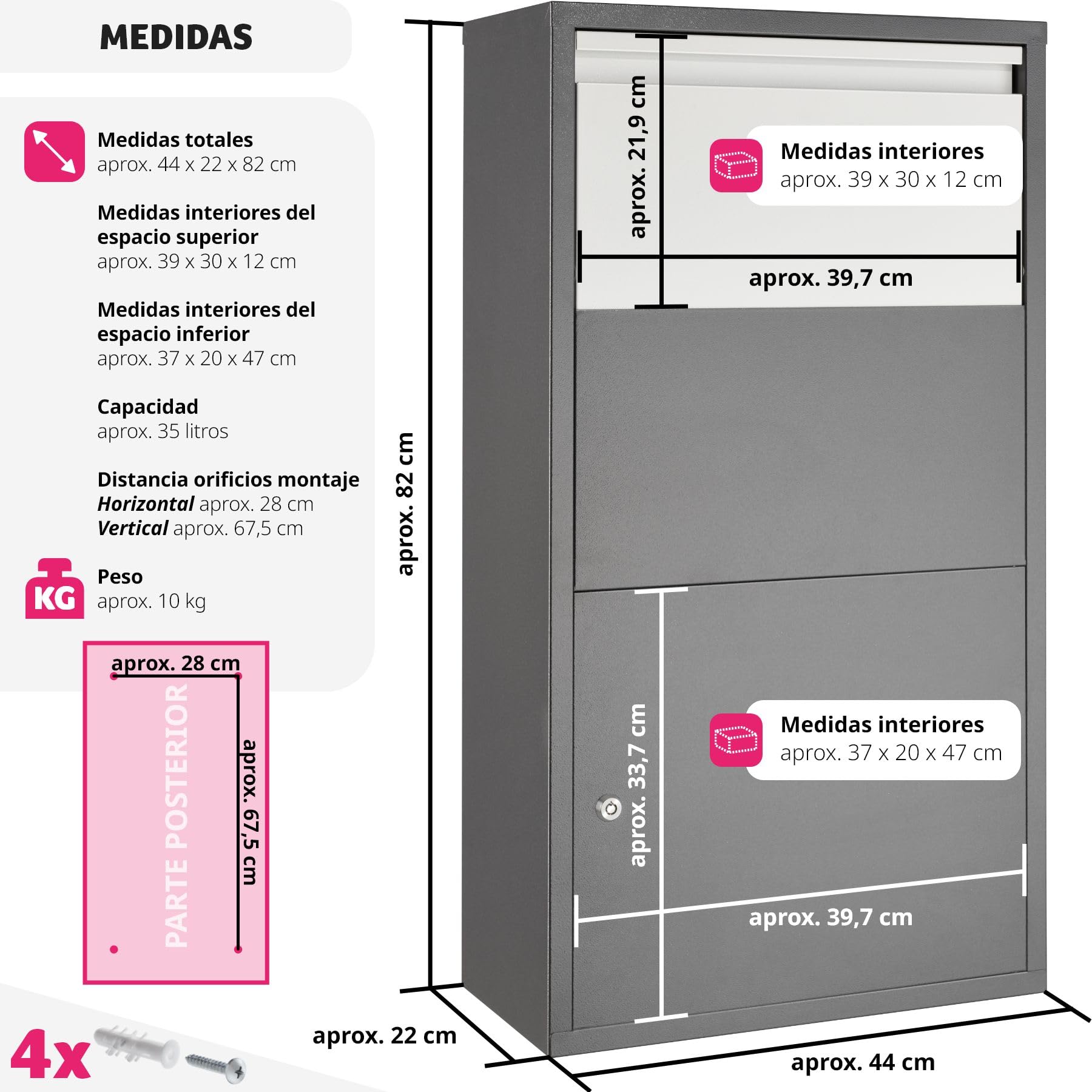 tectake® Buzón Exterior XXL, Buzón para Paquetes y Cartas, Cerradura de Cilindro Antirrobo con 2 llaves, Buzón Correos Premontado, Chapa de Acero, Robusto, Espacioso, 44x22x82 cm, Entrega sin Contacto
