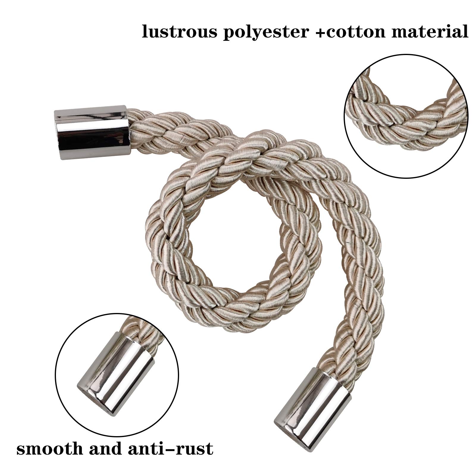 Lot de 4 embrasses de rideaux magnétiques solides - Beige - 50 cm - Attaches pratiques pour rideaux fins ou épais avec crochets en métal - Légèrement lourdes