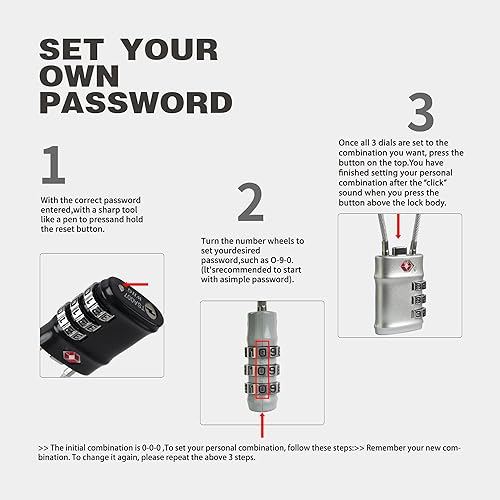 Miniatura 5 de Cerraduras de equipaje aprobadas por la TSA, combinación de candado pequeño con cable, cerraduras TSA para equipaje, candado combinado con código,