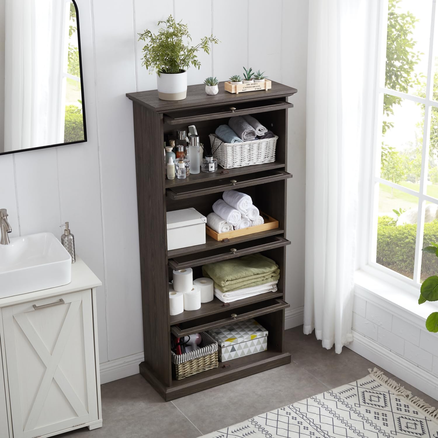 4-Tier Glass Display Cabinet Brown MDF+Glass Flip-Up Doors Living Room Storage Elegant Showcase