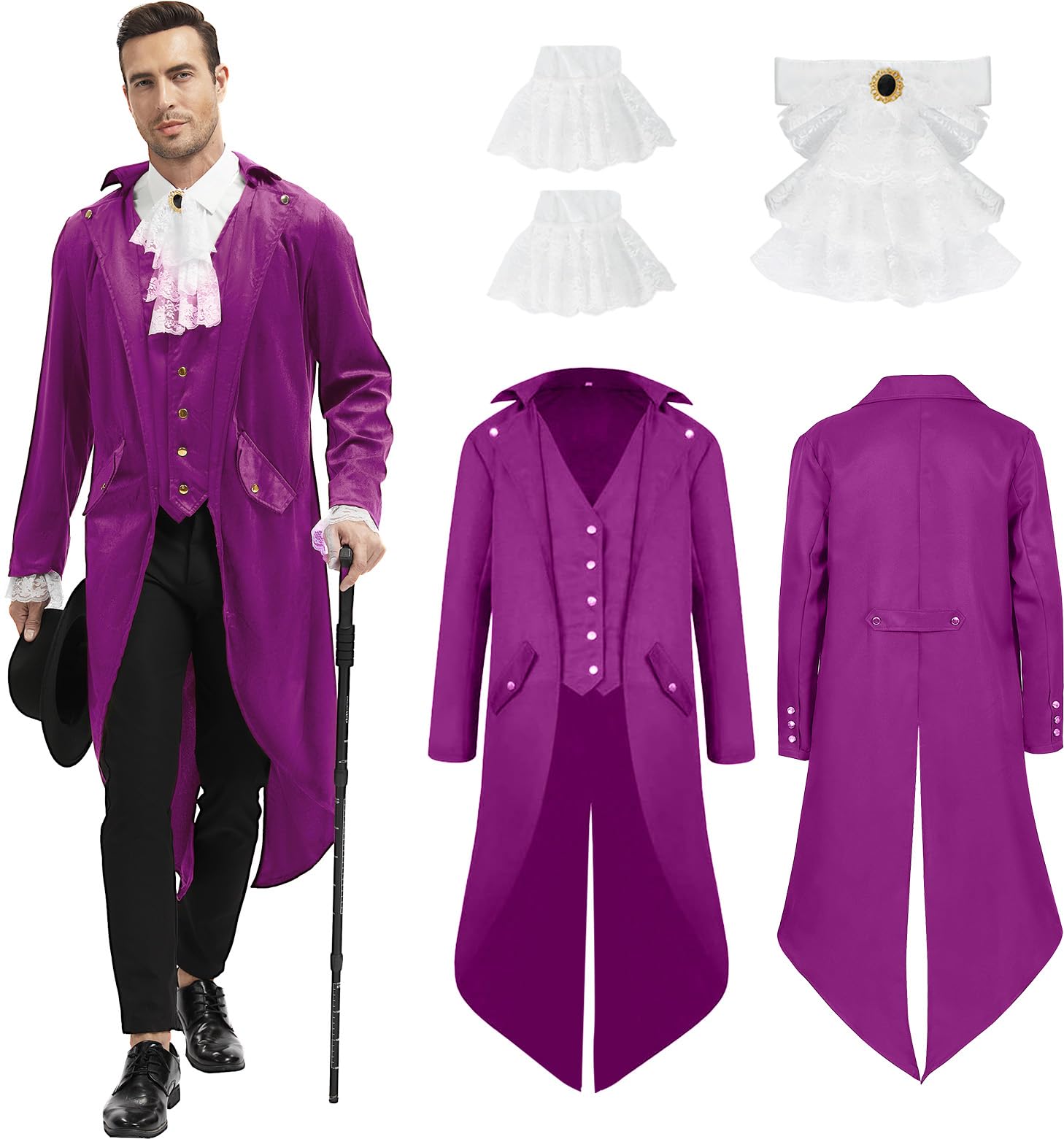 rumnigh Mens Steampunk Medieval Jacket, Medieval Victorian Vintage Jacket Uniform Long Tuxedo,Halloween Costume (Purple, L)