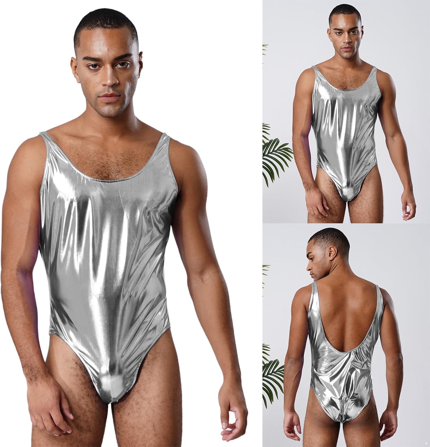 YiZYiF Mens Swimwear Bodysuit Sleeveless Shiny Metallic Dance Gymnastic Leotard for Rave Costume