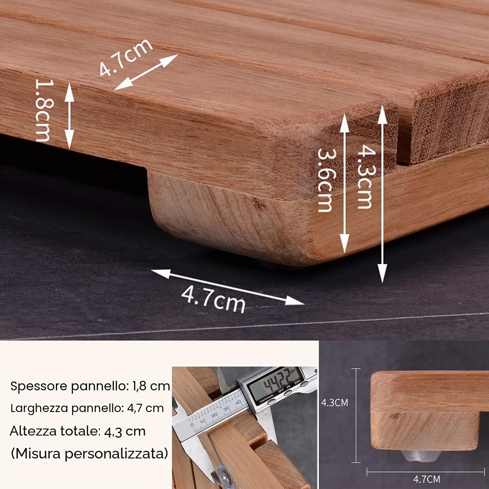 Tappetino da Doccia Antiscivolo in Teak - Tappetini da Bagno Grandi in Legno per Bagno Interno ed Esterno, pedana Quadrata/Rettangolare con Larghezza 30 40 50 70 80 cm