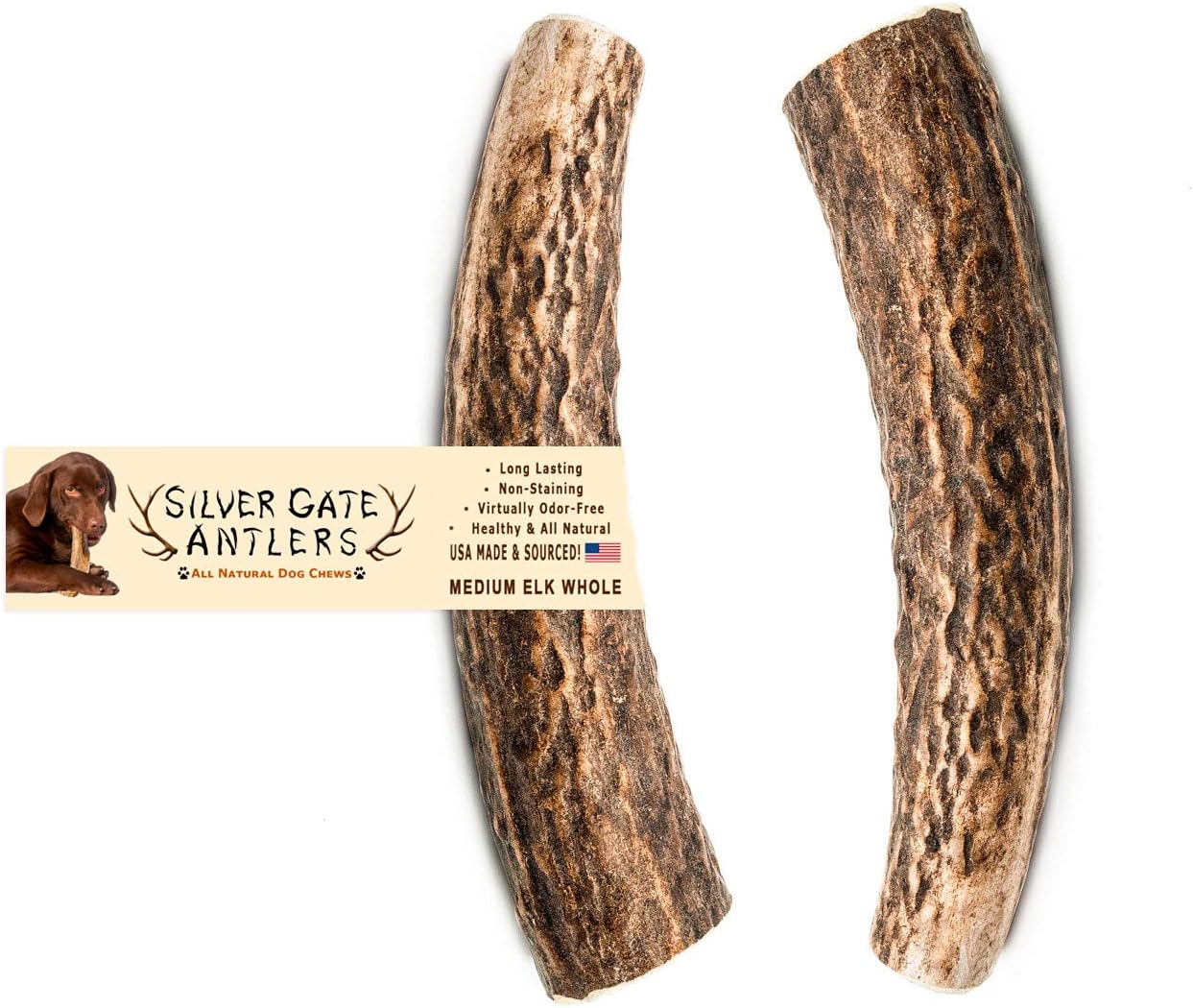 Antlers for Dogs - Elk Dog Chew 2 Pack - Medium 5 to 6 Inch Whole - USA All Natural Dog Chew Toys for Aggressive Chewers - Long Lasting!