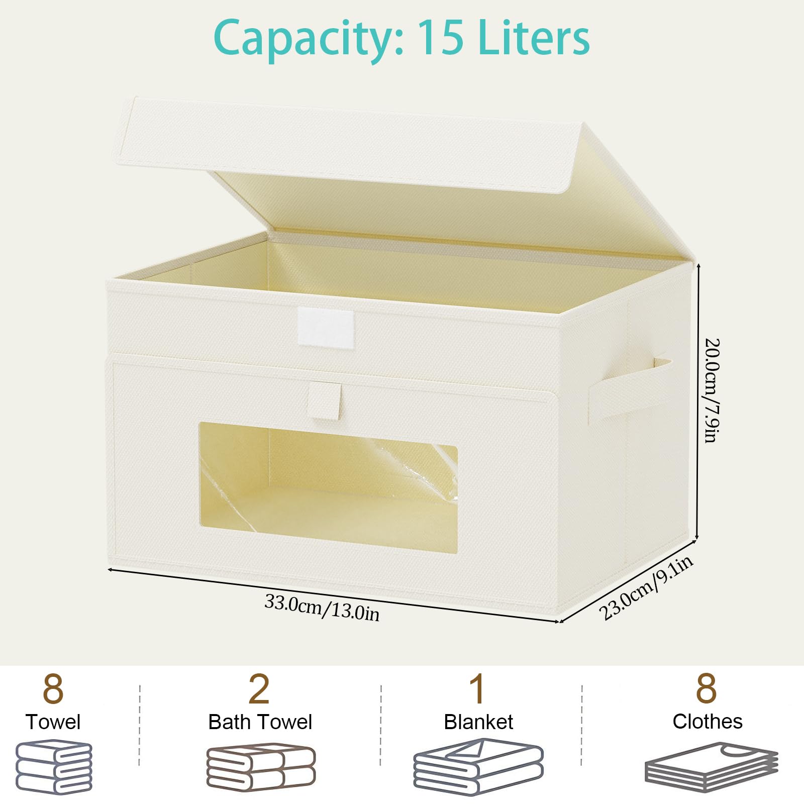 Cajas Almacenaje Ventanas Transparentes, 33x23x20 cm, Beige, Pack 4 | Contenedor de Almacenamiento Plegable, Organizadoras para Estantes, Cestas de Almacenaje para Ropa, libros, Dormitorio