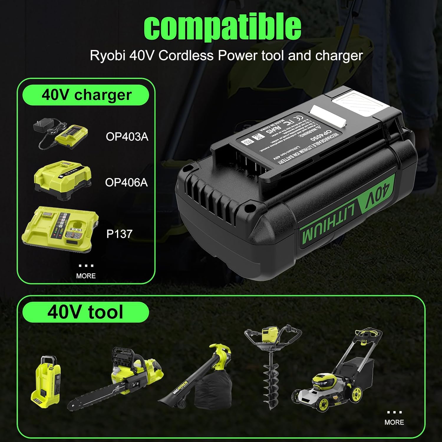 Upgraded 6.0Ah Replacement for Ryobi 40V Battery and Charger Combo Compatible with Ryobi 40V Battery OP4026 OP4026A OP4050 OP4050A OP40601 OP4040 OP4030 OP4015 OP40261 OP40201, with LED Indicator