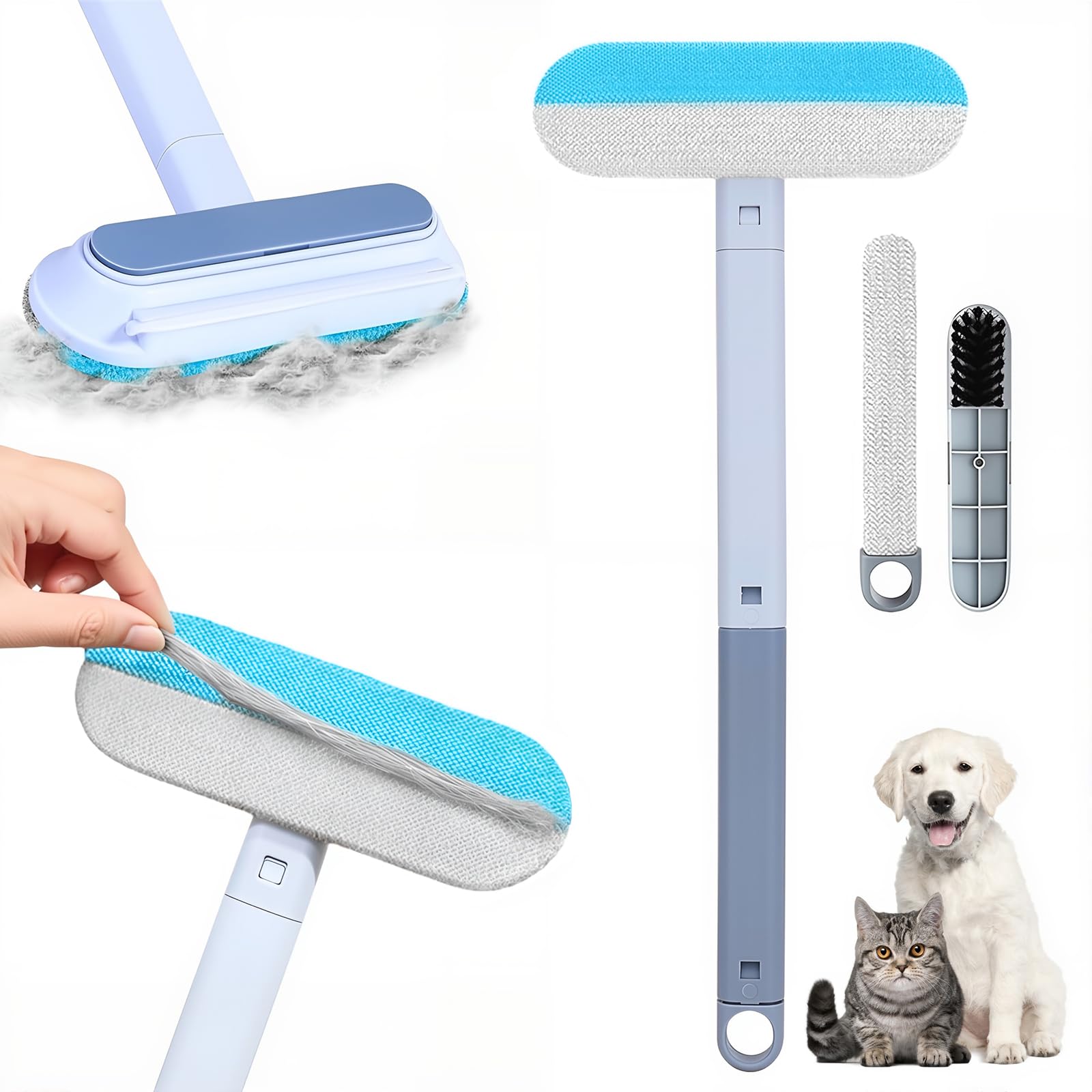Pet Hair Remover 4 in 1- Reusable Long Handle Dog Hair Remover Brush Washable Lint Cleaner for Dog
