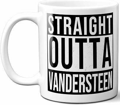 Vandersteen Last Name Gift. Personalized, Custom Straight Outta Surname Sign Coffee Mug. 11 Ounces., White