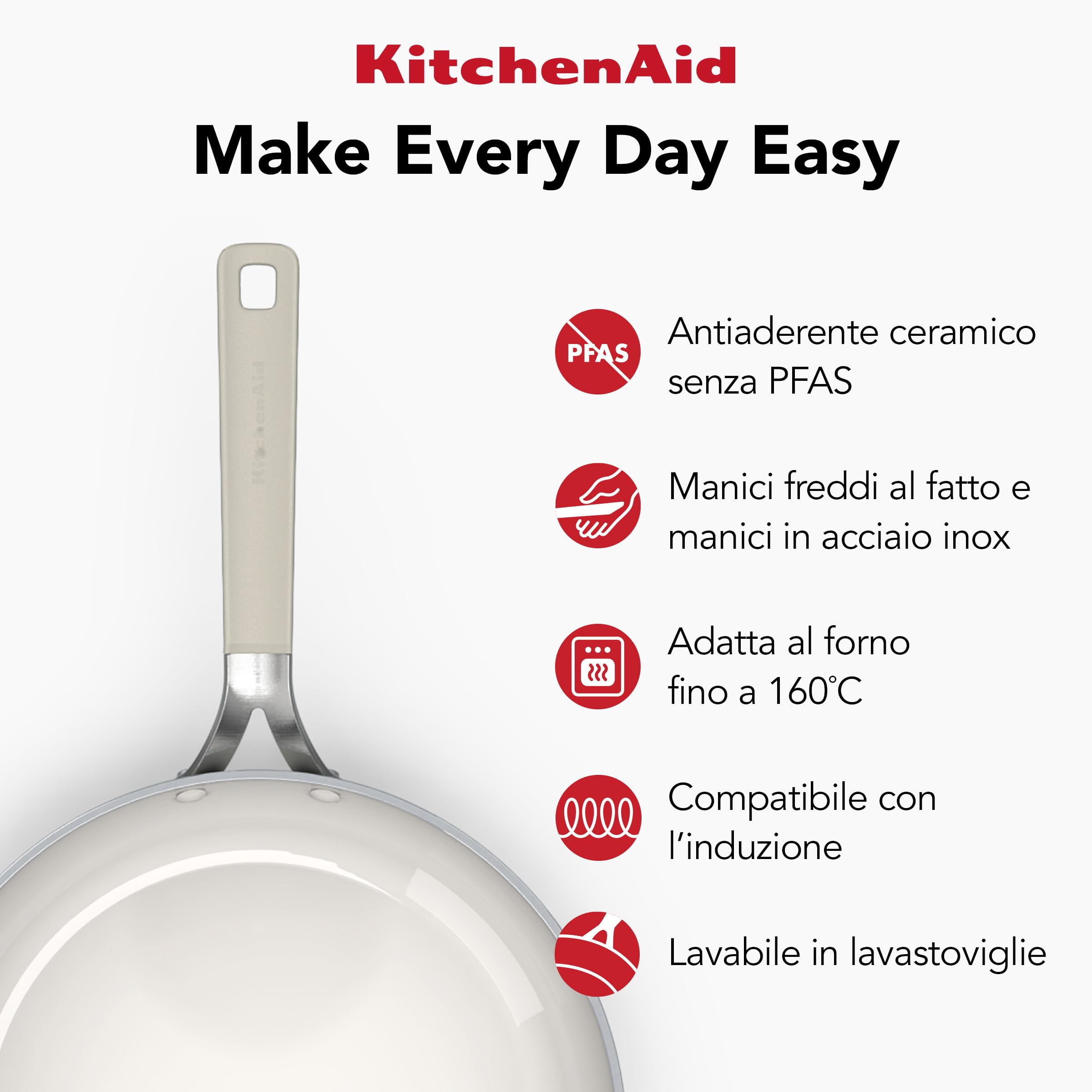 KitchenAid Aluminium Casseruola con Coperchio Vetro Ceramica Antiaderente, 24 cm/4,91 L, Senza PFAS, Compatibile Induzione, Manico Acciaio Inox, Adatta Forno, Lavastoviglie, Nero