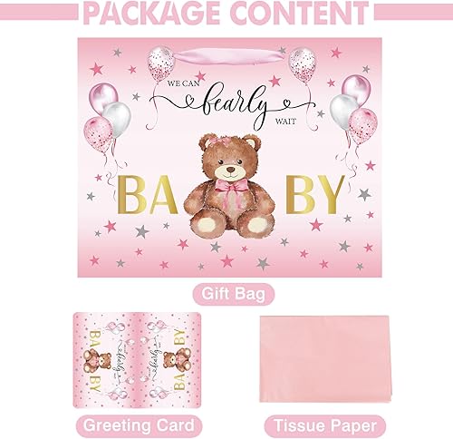 Miniatura 2 de Bolsa grande de regalo de cumpleaños para baby shower de 13 pulgadas para niña con papel de seda y tarjeta, globos rosados, diseño de oso con asas